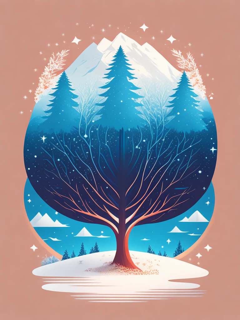 a spruice tree in a winter landscape, tshirt design, rzminjourney, vector-art