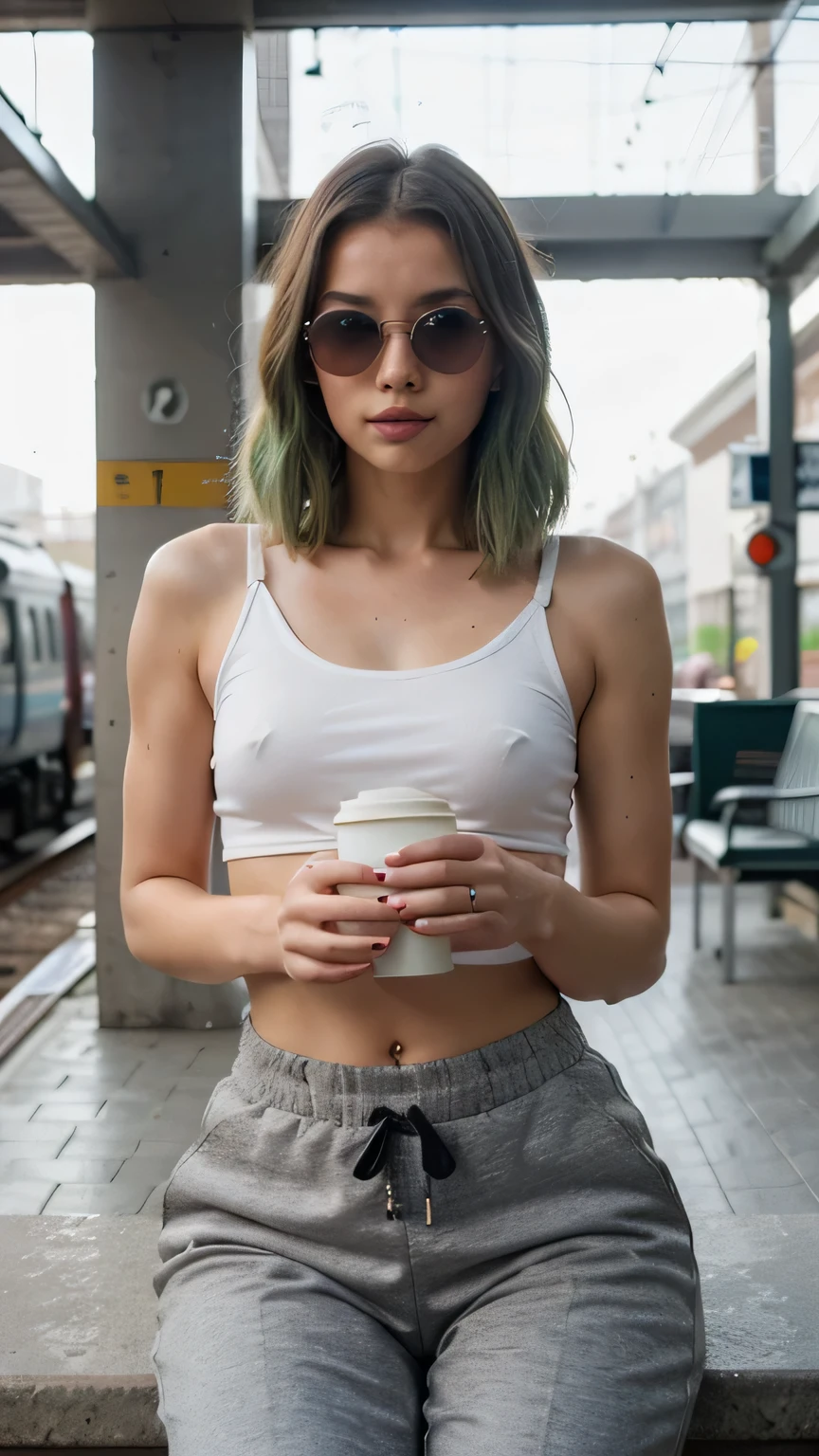 1girls, Nur, green Hair , 24 years old , Casual woman wearing a jogger and a stylish top, matching with sunglasses. , take a photo at a train station, sitting by the window with a coffee in hand, showing off a relaxed yet chic vibe., , anna nikonova aka newmilky, sophie mudd portrait, soft portrait shot 8k, julia style razumova, olga bozova, brown short shoulder Julia gorokhova, stunning girl, with shoulder-length hair and a perfect body,