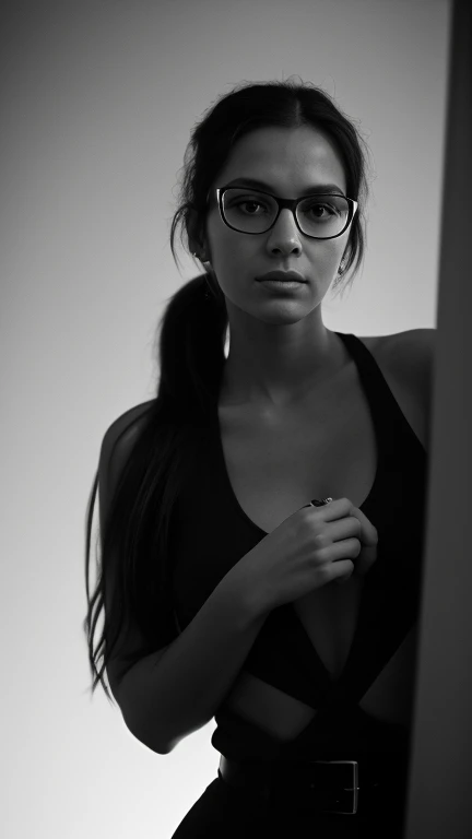 Subject: black and white full-lenght portrait celebrating a Young beautiful businesswoman, with eyeglasses and hair in a ponytail, looking in camera

Creative descriptions: confident, determined, ambitious, professional

Environment: neutral background, fast-paced atmosphere

Mood/feelings: success, empowerment, achievement, aspiration, determination, calm

Artistic medium/techniques: (strong contrasts), (((exaggerated angles))), (((dramatic lighting)))

Style: (((expressionism)))

Camera settings: (((High-angle shot))), (((point of view: ground))), wide lens, (((black and white film))), (((full-lenght portrait)))