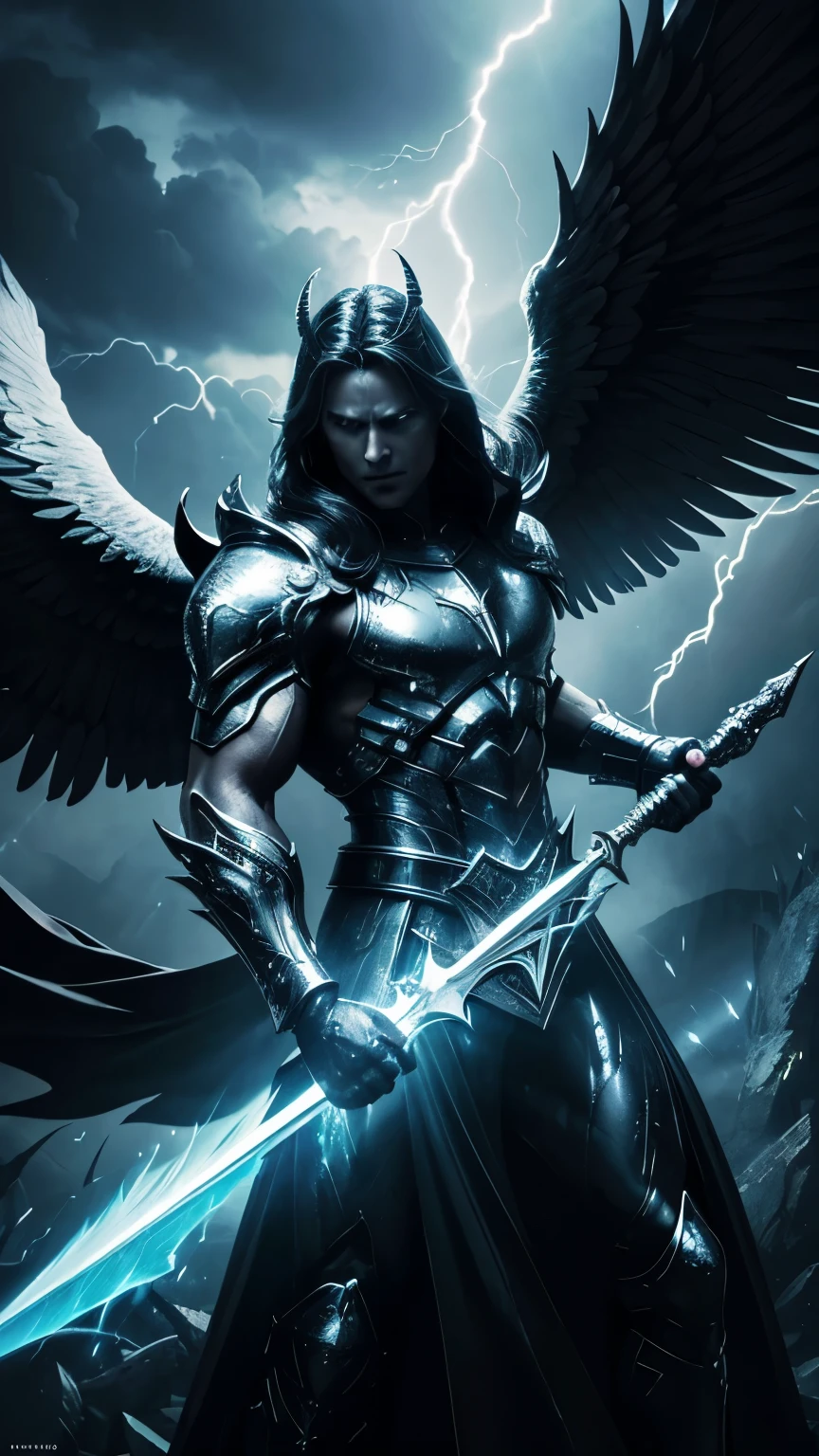 Archangel Michael carrying a golden sword,fighting against Lucifer with wings on fire, white light illuminating the scene (best quality,ultra-detailed,realistic:1.37),dark and epic atmosphere, angelic figures with intricate feather details, intense facial expressions, glowing eyes (1.2), celestial battleground with smoky clouds and lightning bolts, dramatic poses and dynamic movements, divine power emanating from Michael, terrifying and menacing appearance of Lucifer, strong contrast between light and darkness, magnificent and vibrant colors, ethereal and otherworldly aura, epic battle between good and evil, symbolic representation of spiritual warfare, heaven and hell intertwined, rays of light breaking through the dark clouds, dramatic lighting with strong highlights and deep shadows (HDR), a sense of motion and energy, breath-taking and awe-inspiring scene.