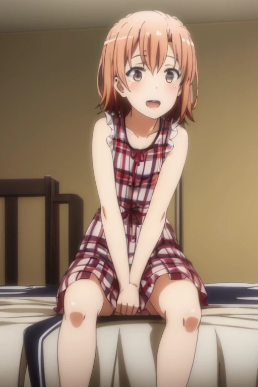 ((highest quality)), ((masterpiece)), (be familiar with), Perfect Face, indoor, Bedroom, Watching the audience,
One woman, Yuigahama Yui,
Open Mouth, Ecstatic expression, blush, smile,
Small breasts, Flat Chest, Young Girl, , , Girl,
Short Hair, Salmon-colored hair, Salmon-colored eyes, Side Pony,
Leg spread,