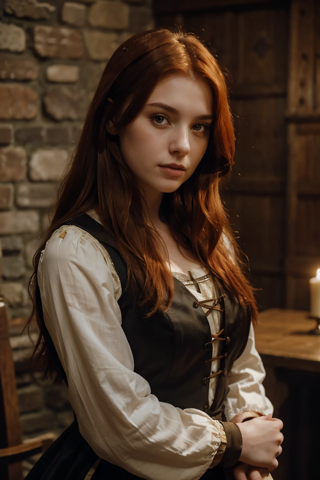 Portrait of a 21-year-old woman with red hair and large brown eyes, smooth and unblemished pale skin, fair and lively, dark age Europe, wearing medieval England clothing, with a medieval background, in VHS style