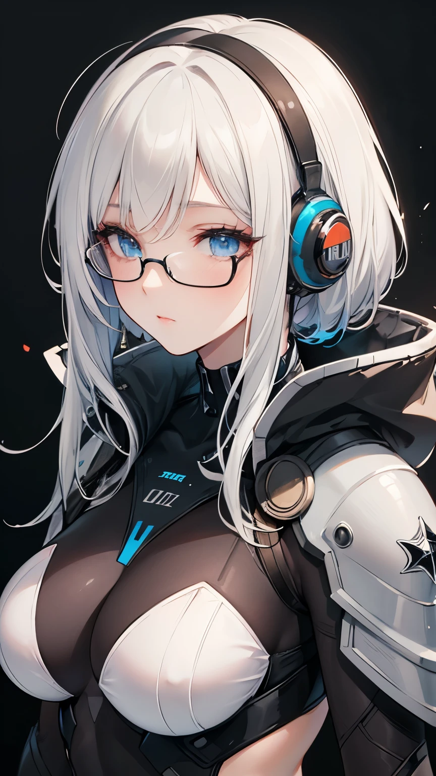 beautiful face, best quality, ultra high resnatural light, shiny skin, detailed skin, detailed face, detailed eyes, beautiful lady, white hair, straight hair, floating hair, big hair, mole under eye, bespectacled, headphones, A scene from a science fiction movie, a brilliant fantastic background, a body-hugging metal suit, thick belt.