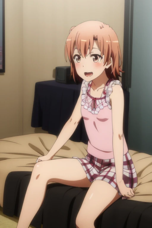 ((highest quality)), ((masterpiece)), (be familiar with), Perfect Face, indoor, Bedroom, Watching the audience,
One woman, Yuigahama Yui,
Open Mouth, Ecstatic expression, blush, smile,
Small breasts, Flat Chest, Young Girl, , , Girl,
Short Hair, Salmon-colored hair, Salmon-colored eyes, Side Pony,
Leg spread,