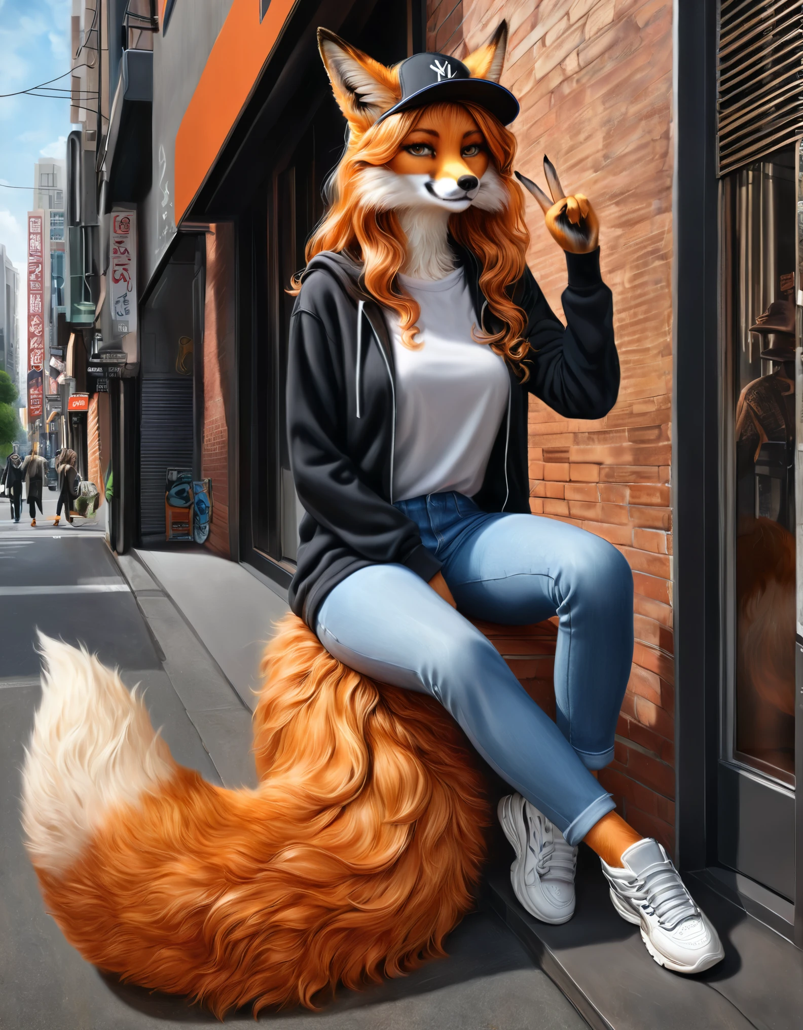 Furry fox girl on the street of the city, very fashionable, stylishly dressed, street style clothes, wide jeans, hoodie, baseball cap, sneakers, shows the viewer the V gesture, winks, long wavy orange locks of hair, high detail, filigree, high definition, texture smoothing, realistic brush strokes, looks like a realistic photo, Furry fox girl is shown in detail, Ultra-realistic rendering of details, Stunningly realistic graphics, Very detailed photo
