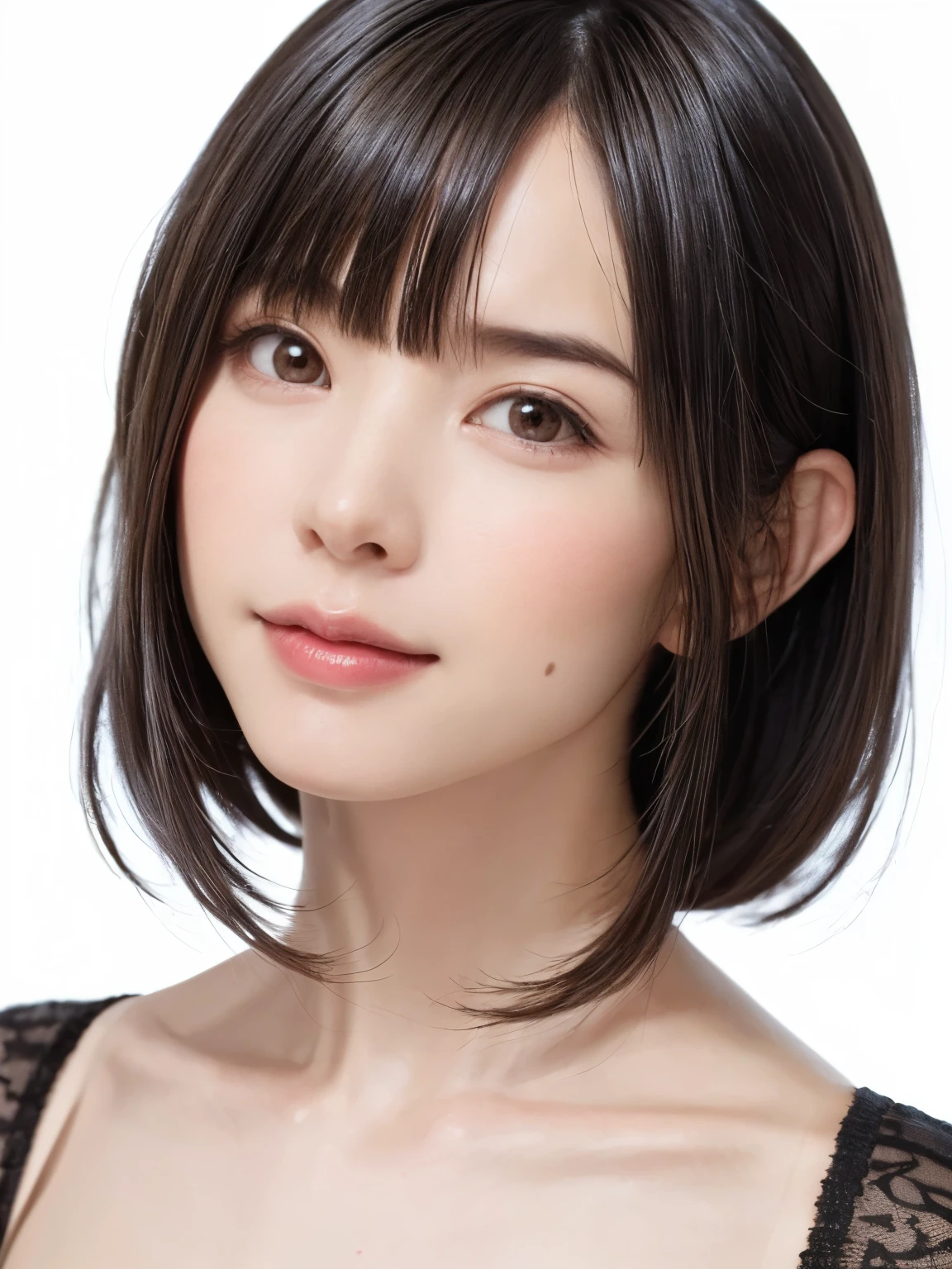 1 girl, alone, Shiny skin, chest, very detaileded, ultra detaileded, Ultra-high resolution, whole body, (Photorealism:1.4), (highest quality), (Best Shadow), Ulzzang-6500, detailed, Perfect lighting, Black Hair, ((Showpiece, highest quality, High precision)), One Girl, (big chest, Realistic: 1.4), (look up at the camera even a little, カメラをlook up, look up, look up at the camera, Looking into the camera))), alone, , White Background, snow-White Background, shut up., smile, pretty Black Hair, short hair:1.6, Big eyes, Transparent double eyelids, eyelash, listen, Long neck, Long neck, Absolute area, ((Face close-up, short hair with bangs)), 19 years old, Attractive proportions, Shiny skin, Beautiful clavicle, Golden ratio face, Perfect Face, Teardrop-shaped mole, chestのほくろ, bangs, clean bangs, beautiful bangs, Lip gloss, Thin lips, White skin, I took off my clothes, big chest, Small face, Small face, 少し上を向いてLooking into the camera, ((smile a little for the camera, really nothing pure White Background, Listen carefully、very big big chest, big chest、Dynamic Angle))