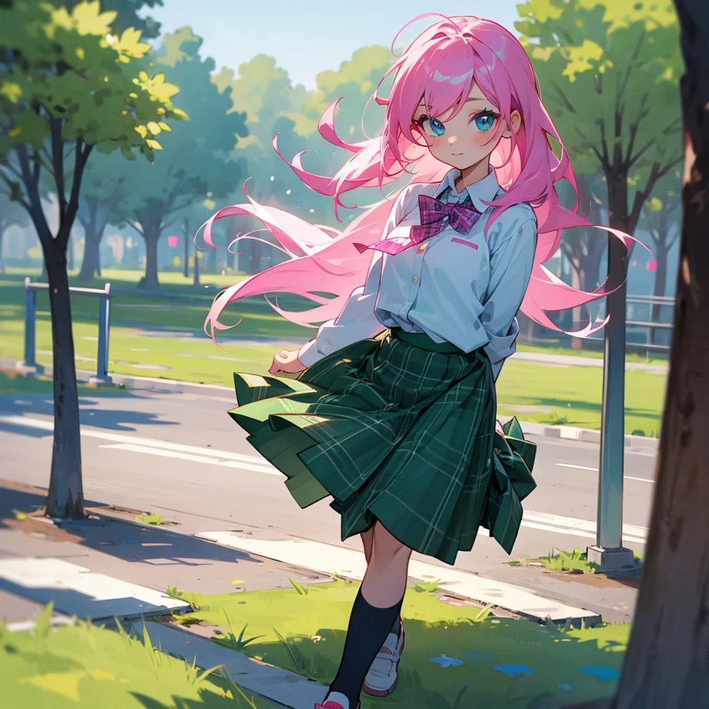 1girl in, {{{{{Hata_No_inner strength(Lust)}}}}}, Pink Long Hair, {{{{{Pink sky eyes}}}}}, {{{{{Green Gingham Check_Shirt, Plaid shirt}}}}}, Skirt, long_sleeves, bowtie, {{Fox_Mask On_Head}}, {{{{deadpan}}}}