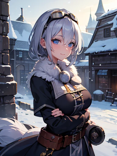 ((Very detailed)), 4K, ((Cinema Lighting)), close, Fantasy World, Cobblestone city, wooden stone house, snow, market, Market stalls, Adult female, dirty, guard,White-silver hair color，Wear goggles with large round lenses on your head, blue eyes, ((Beautiful Eyes)), Happy expression, Holding a cannon，white fluffy fur
