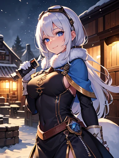 ((Very detailed)), 4K, ((Cinema Lighting)), close, Fantasy World, Cobblestone city, wooden stone house, snow, market, marketの屋台, Adult female, dirty, guard,White-silver hair color，Wear goggles with large round lenses on your head, blue eyes, ((Beautiful Eyes)), Happy expression, Holding a cannon，white fluffy fur
