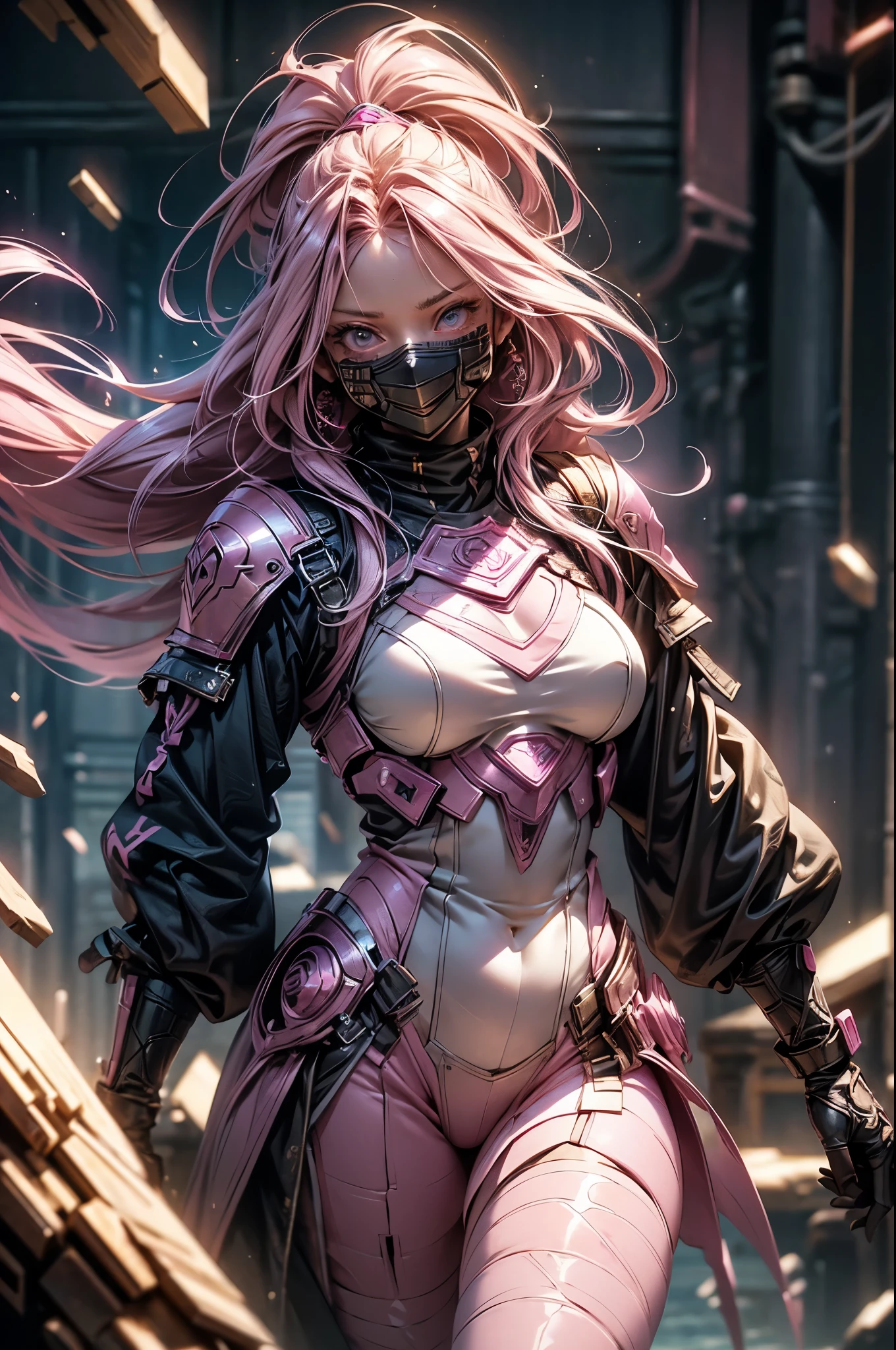 Pink-haired Scandinavian girl wearing half-plate armor and a frilly skirt over a skin-tight bodysuit, (pink long hair:1.4), pink eyes,attractive breasts、HDR (high dynamic range), ray tracing, NVIDIA RTX, super resolution, Scattered beneath the surface, anisotropic filtering, Depth of the bounds written ,Maximum clarity and sharpness, surface shading, two-tone lighting