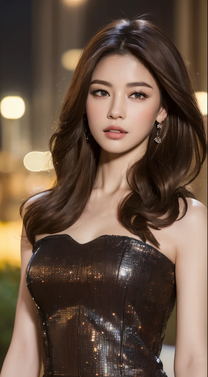 ((highest quality, 8k, masterpiece: 1.3)), Sharp focus: 1.2, Perfect figure: 1.4, Slim Abs: 1.2, ((Dark brown hair, : 1.4)), dress: 1.1), City of night, Highly detailed face and skin texture, Beautiful Eyes, double eyelid
