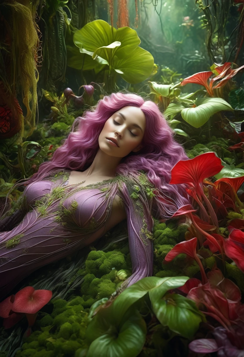 (best quality,4k,8k,highres,masterpiece:1.2),ultra-detailed,(realistic,photorealistic,photo-realistic:1.37),wide angle shot,dynamic angle, full body shot, The plant woman, she has very long and wavy platinum hair,(she is wearing a biological exoskeleton covering up her entire body),((She is resting lying down, incubated inside a suspended exquisite cocoon:1.5)), in her vegetal kingdom, carnivorous plants, vibrant green leaves and tendrils, alien biome, lush vegetation and exotic flowers, poison jungle, toxic and vibrant colors, mysterious atmosphere, soft and ethereal lighting, immersive and lifelike 3D rendering, botanical fantasy, intricate details on the plant bulbs, lush and intricate flora, magical and dreamlike ambience, mysterious environment, painterly style, dreamy color palette with a mix of vibrant reds and deep purples, enigmatic composition, surreal and otherworldly experience