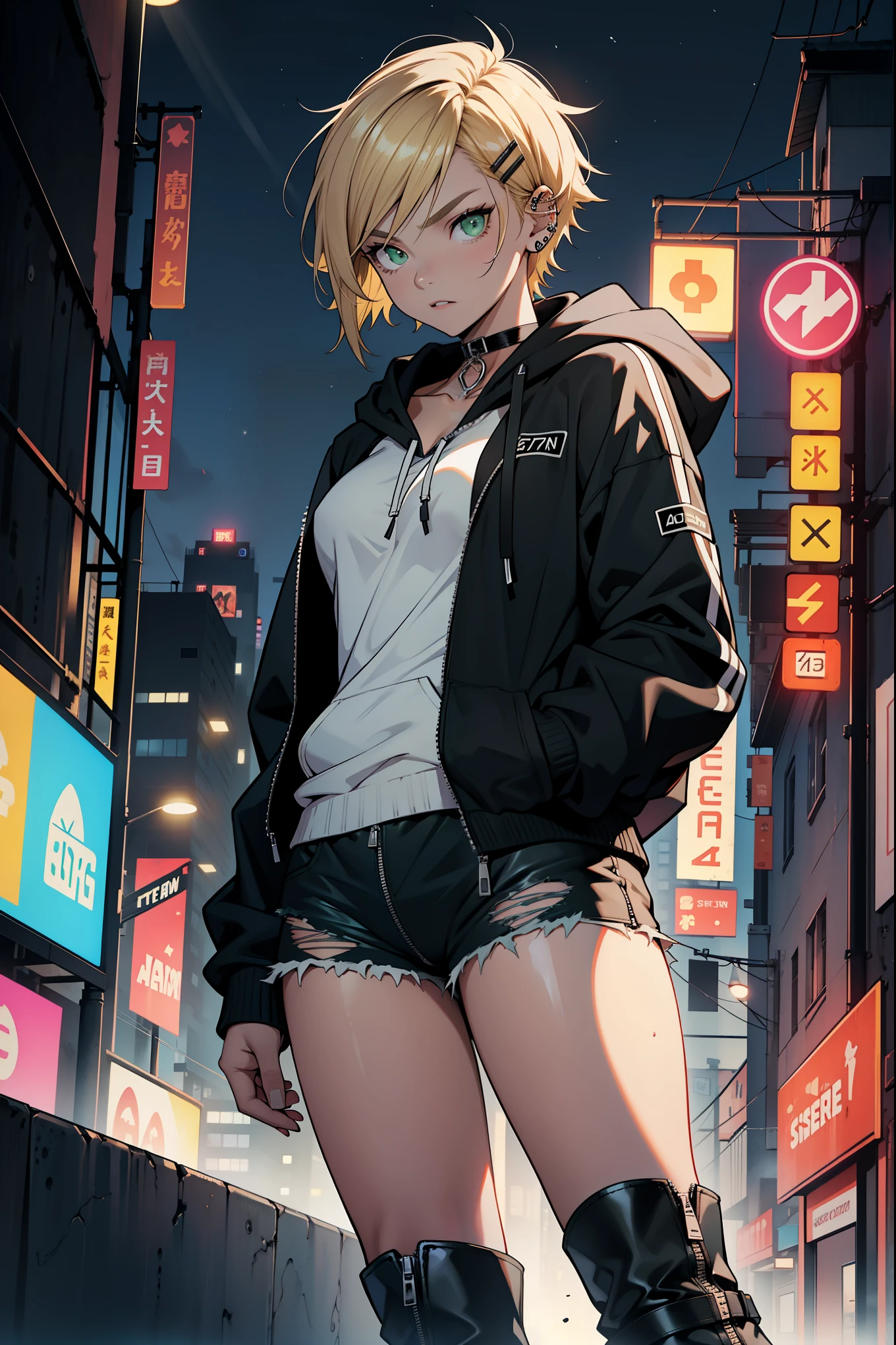 4k, one female, 17 years old, short blonde hair, hair clip, green eyes, eyebrow piercing, choker, black hoodie, short shorts, zip-up boots, city background, night, ((skinny)), braless, small breasts