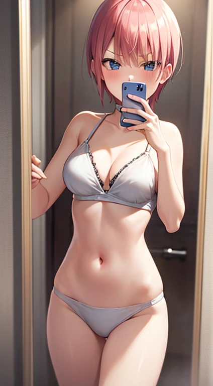 2d, masterpiece, best quality, anime, highly detailed, 1girl, solo, cowboy shot, nakano ichika, pink hair, short hair, standing:1.3, bathroom, smug face:1.3, selfie in mirror:1.4, white bikini:1.3, medium breasts, medium claverage:1,3,