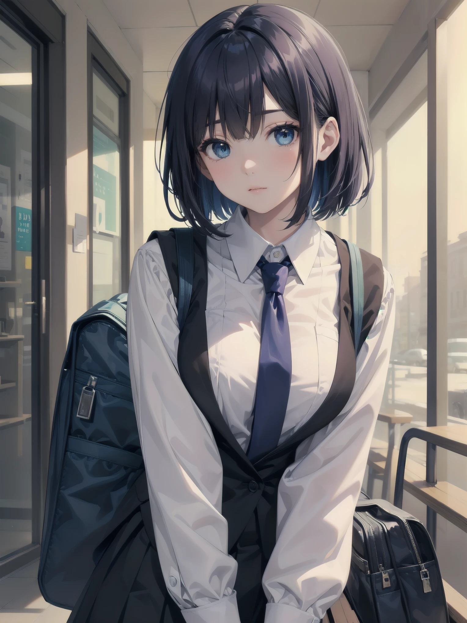 Anime girl with blue eyes and a backpack standing in a hallway - SeaArt AI