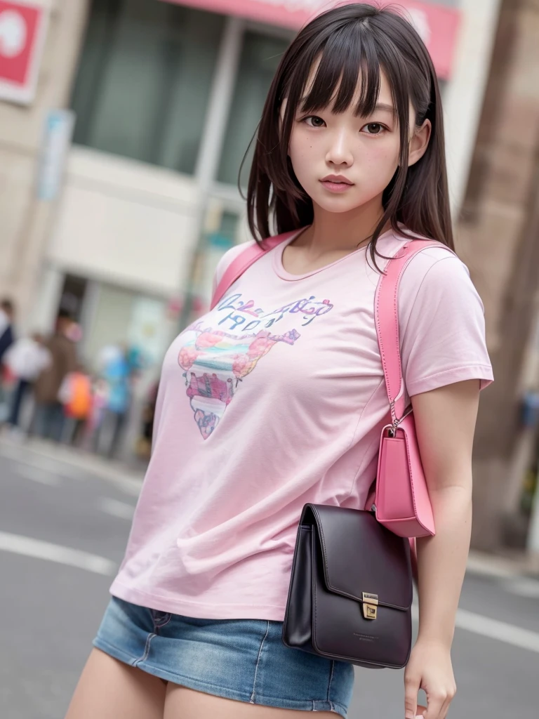 masterpiece, hd, portrait, highest quality, High resolution,
(1 female:1.3), realistic, alone, Wearing a T-shirt and miniskirt, , daytime shopping store, street, city carrying a pink school bag, side view, (school backpack:1.0)