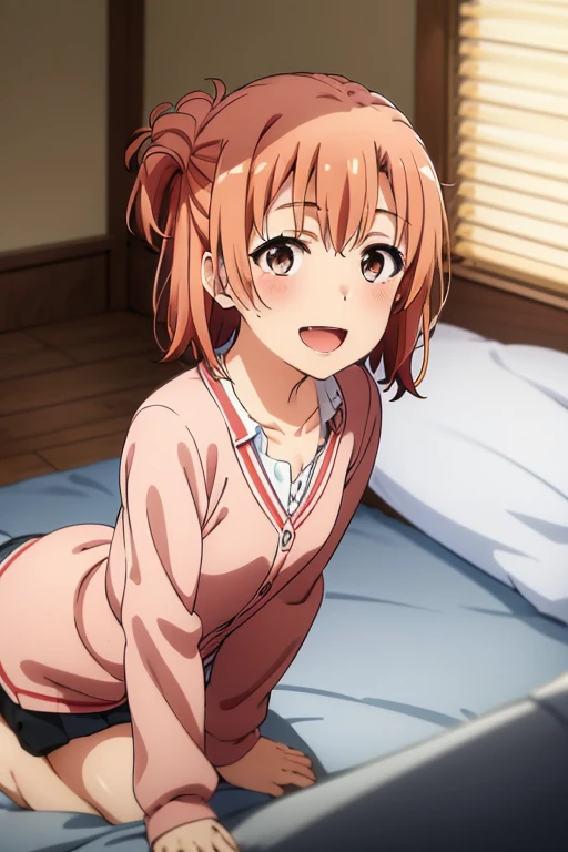 ((highest quality)), ((masterpiece)), (be familiar with), Perfect Face, indoor, Bedroom, Watching the audience,
One woman, Yuigahama Yui,
Open Mouth, Ecstatic expression, blush, smile,
Small breasts, Flat Chest, Young Girl, , , Girl,
Short Hair, Salmon-colored hair, Salmon-colored eyes, Side Pony,
Leg spread,