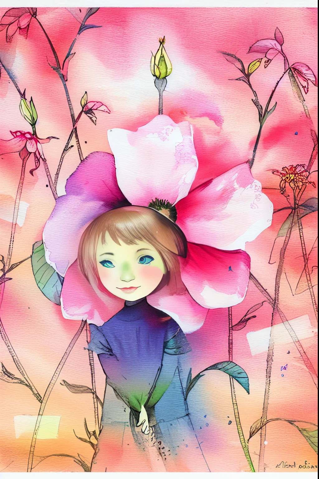 a painting of a girl with a flower on her head, girl with a flower head, by Yuko Tatsushima, girl with a flower face, by Claire Hummel, giant flower head, flower head, her face is a mauve flower, by Maki Haku, by Alice Prin, watercolor illustration, illustration!, a beautiful artwork illustration