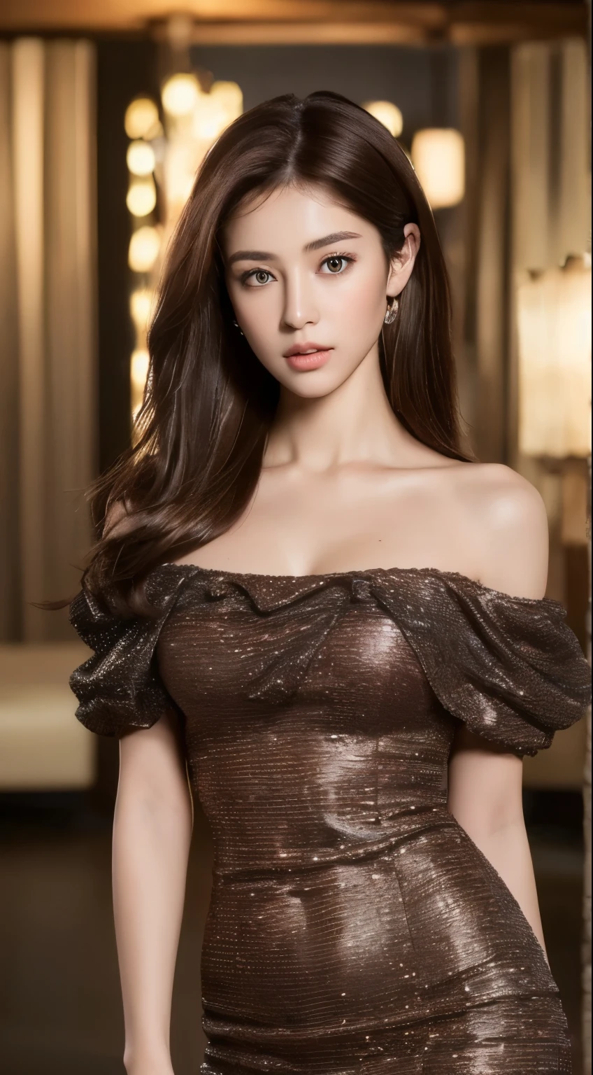 ((highest quality, 8k, masterpiece: 1.3)), Sharp focus: 1.2, Perfect figure: 1.4, Slim Abs: 1.2, ((Dark brown hair, : 1.4)), dress: 1.1), City of night, Highly detailed face and skin texture, Beautiful Eyes, double eyelid