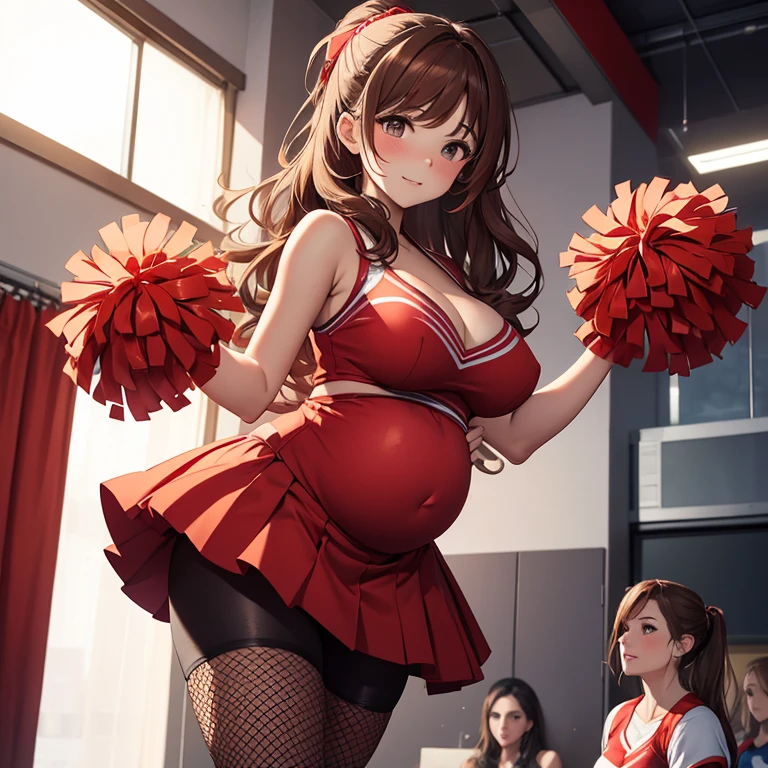 Pregnant goddess, cheerleader, red skirt, wavy light brown hair, wants to have sex with you, cleavage, beautiful, fishnet top and leggings, cheerleader outfit 