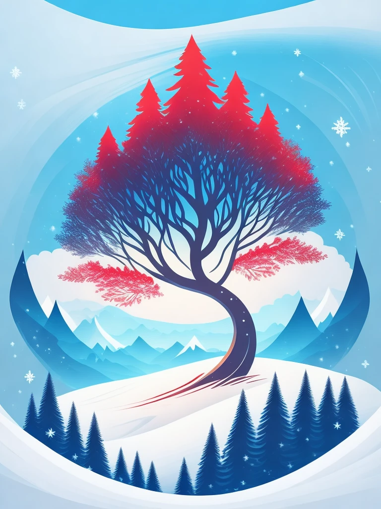 a spruice tree in a winter landscape, tshirt design, rzminjourney, vector-art