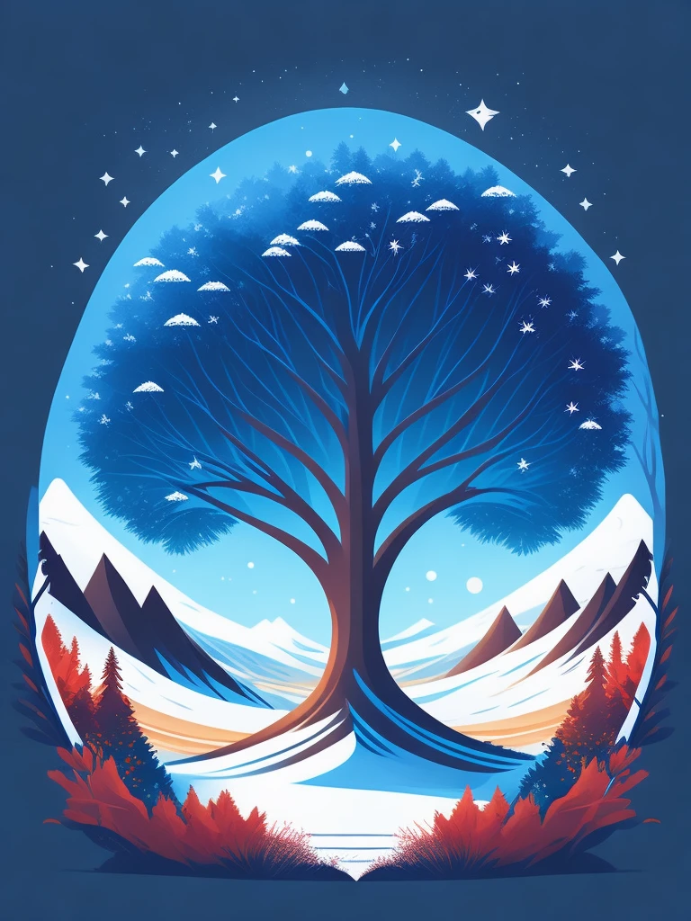 a spruice tree in a winter landscape, tshirt design, rzminjourney, vector-art