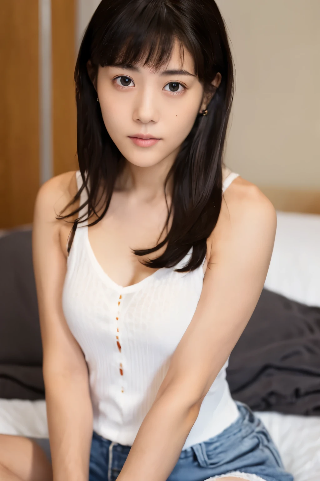 Masterpiece, (High quality, 8K, High resolution), Skinny Japanese woman, 30 years old, cute face, ((detailed face, detailed eyes)), small breasts, very thin waist, clavicle, bare shoulders, long hair, white tanktop, soft lighting, 1girl, in a bed room, (full body photo)