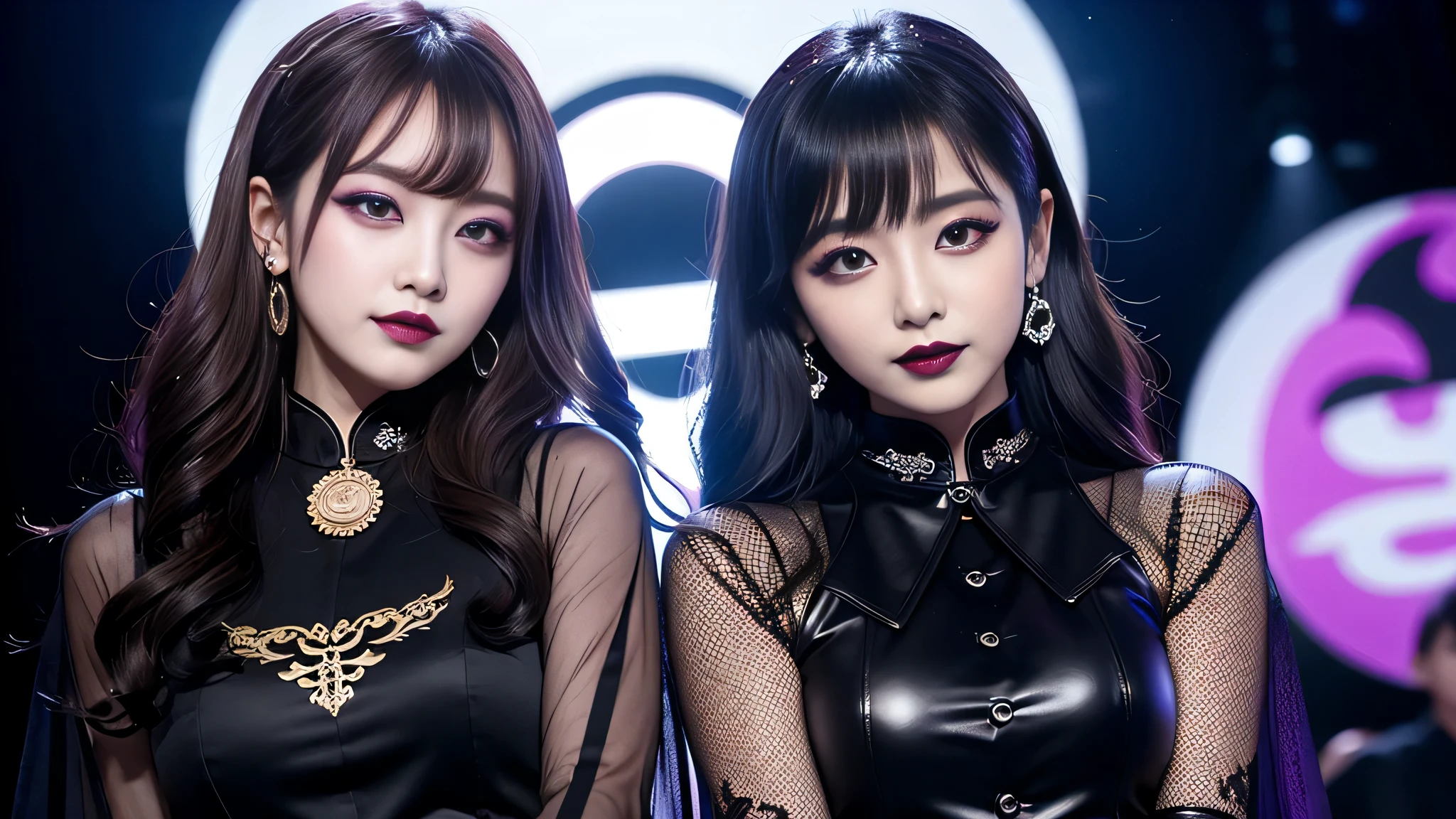 2girls、best quality、ultra-detailed、4k、Japanese、Seductive beauty、seductive adult woman、Pretty Woman、cool girl、Villainess、Brainwashed、brainwash、Fallen into evil、smirk、Evil look、Wicked Smile、evil、Brown hair、wavy hair、swept bangs、dark makeup、dark makeup、piercing eyes、hollow eyes,half-closed eyes、Hollow Eyes、Purple Eyeshadow、black lipstick、black lipglos、Long Black Cheongsam、Wide sleeves、night、inside Live stage、Applying lipstick、