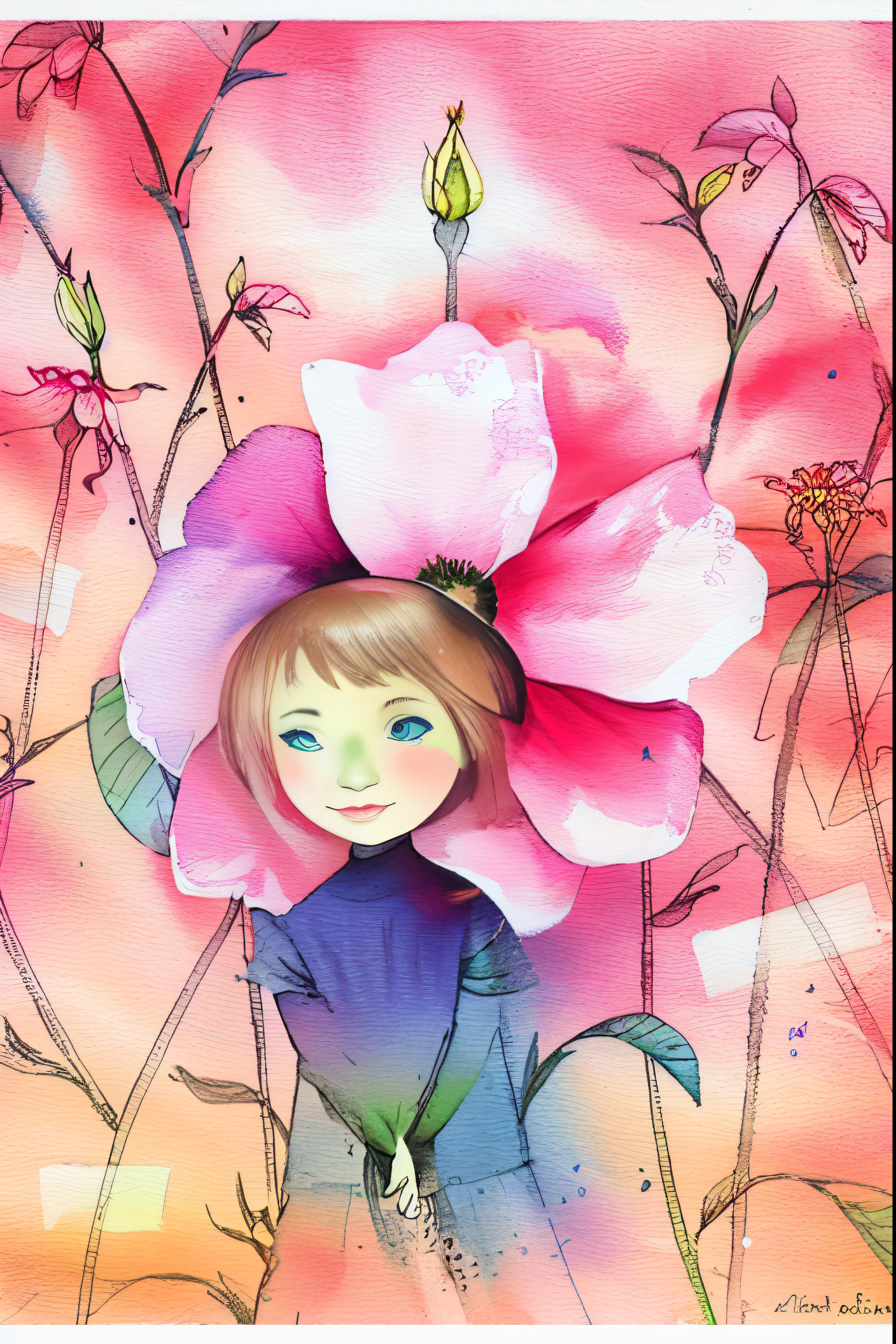 a painting of a girl with a flower on her head, girl with a flower head, by Yuko Tatsushima, girl with a flower face, by Claire Hummel, giant flower head, flower head, her face is a mauve flower, by Maki Haku, by Alice Prin, watercolor illustration, illustration!, a beautiful artwork illustration