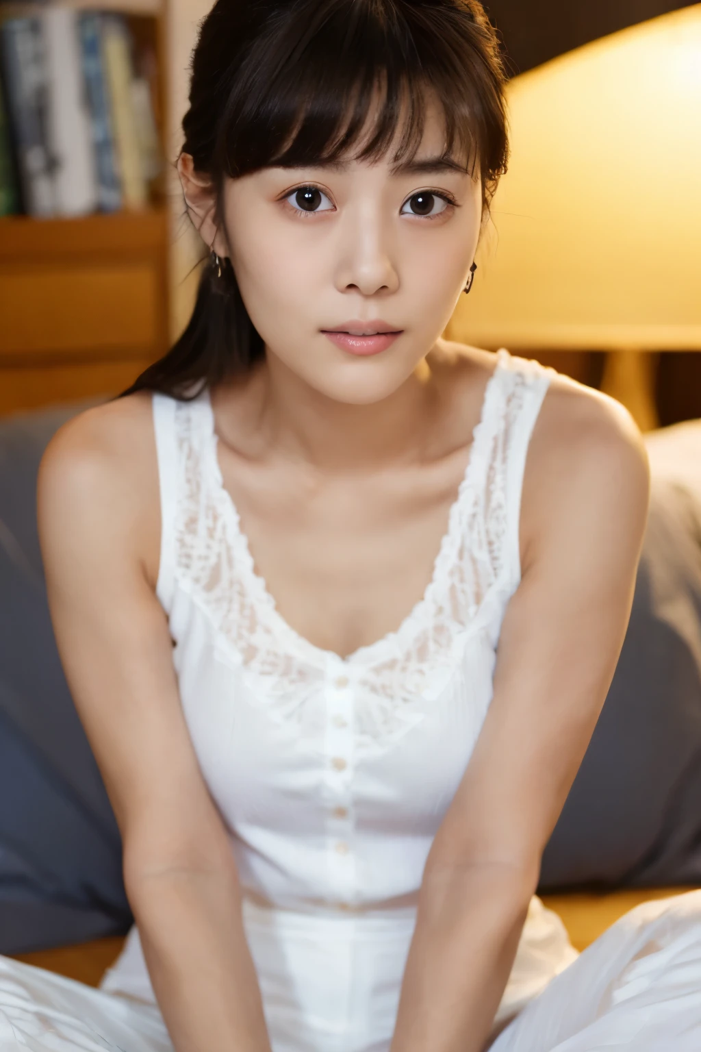 Masterpiece, (High quality, 8K, High resolution), Skinny Japanese woman, 30 years old, cute face, ((detailed face, detailed eyes)), small breasts, very thin waist, clavicle, bare shoulders, long hair, white tanktop, soft lighting, 1girl, in a bed room, (full body photo)