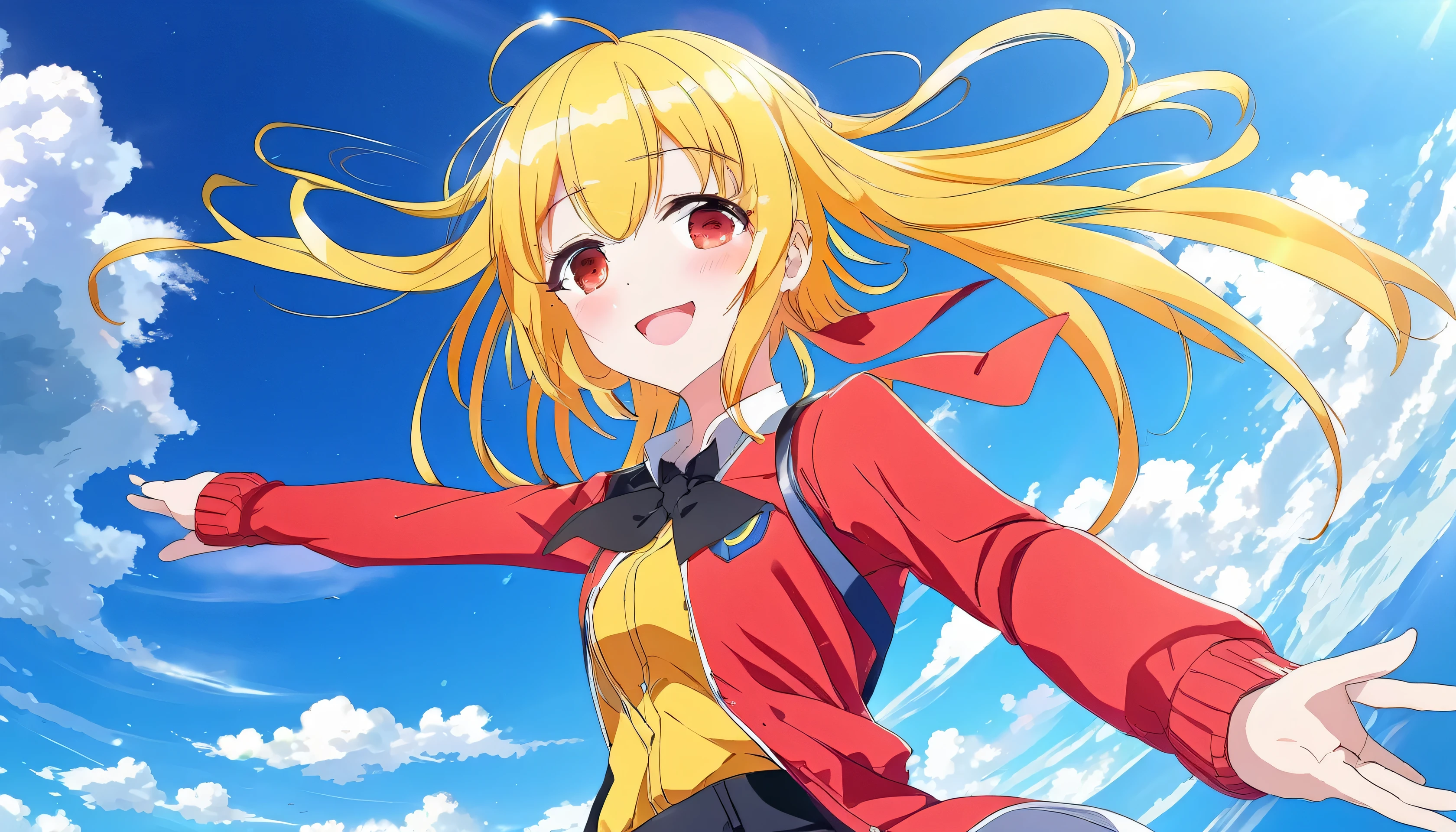 Anime girl, smile,Yellow hair,black hair,multicolored hair,solid hair,red and Yellow outfits,jump style,sky background,sunny day,plane