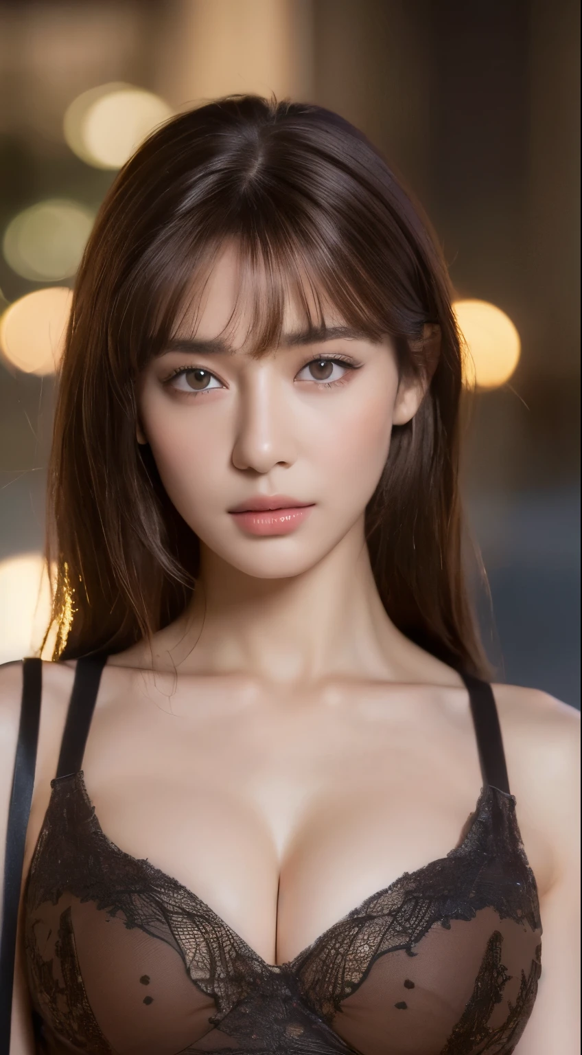 ((highest quality, 8k, masterpiece: 1.3)), Sharp focus: 1.2, Perfect figure: 1.4, Slim Abs: 1.2, ((Dark brown hair, : 1.4)), dress: 1.1), City of night, Highly detailed face and skin texture, Beautiful Eyes, double eyelid、Large 、Cleavag