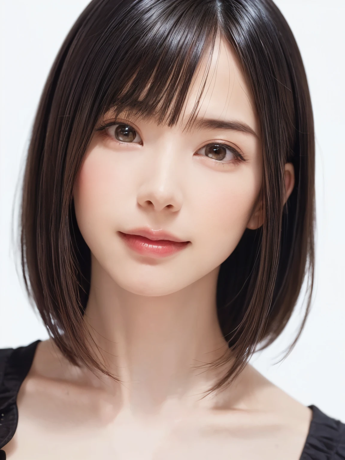 1 girl, alone, Shiny skin, chest, very detaileded, ultra detaileded, Ultra-high resolution, whole body, (Photorealism:1.4), (highest quality), (Best Shadow), Ulzzang-6500, detailed, Perfect lighting, Black Hair, ((Showpiece, highest quality, High precision)), One Girl, (big chest, Realistic: 1.4), (look up at the camera even a little, カメラをlook up, look up, look up at the camera, Looking into the camera))), alone, , White Background, snow-White Background, shut up., smile, pretty Black Hair, short hair:1.6, Big eyes, Transparent double eyelids, eyelash, listen, Long neck, Long neck, Absolute area, ((Face close-up, short hair with bangs)), 19 years old, Attractive proportions, Shiny skin, Beautiful clavicle, Golden ratio face, Perfect Face, Teardrop-shaped mole, chestのほくろ, bangs, clean bangs, beautiful bangs, Lip gloss, Thin lips, White skin, I took off my clothes, big chest, Small face, Small face, 少し上を向いてLooking into the camera, ((smile a little for the camera, really nothing pure White Background, Listen carefully、very big big chest, big chest、Dynamic Angle))