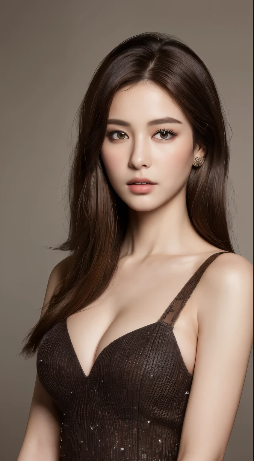 ((highest quality, 8k, masterpiece: 1.3)), Sharp focus: 1.2, Perfect figure: 1.4, Slim Abs: 1.2, ((Dark brown hair, : 1.4)), dress: 1.1), City of night, Highly detailed face and skin texture, Beautiful Eyes, double eyelid、Large Breasts、Cleavage