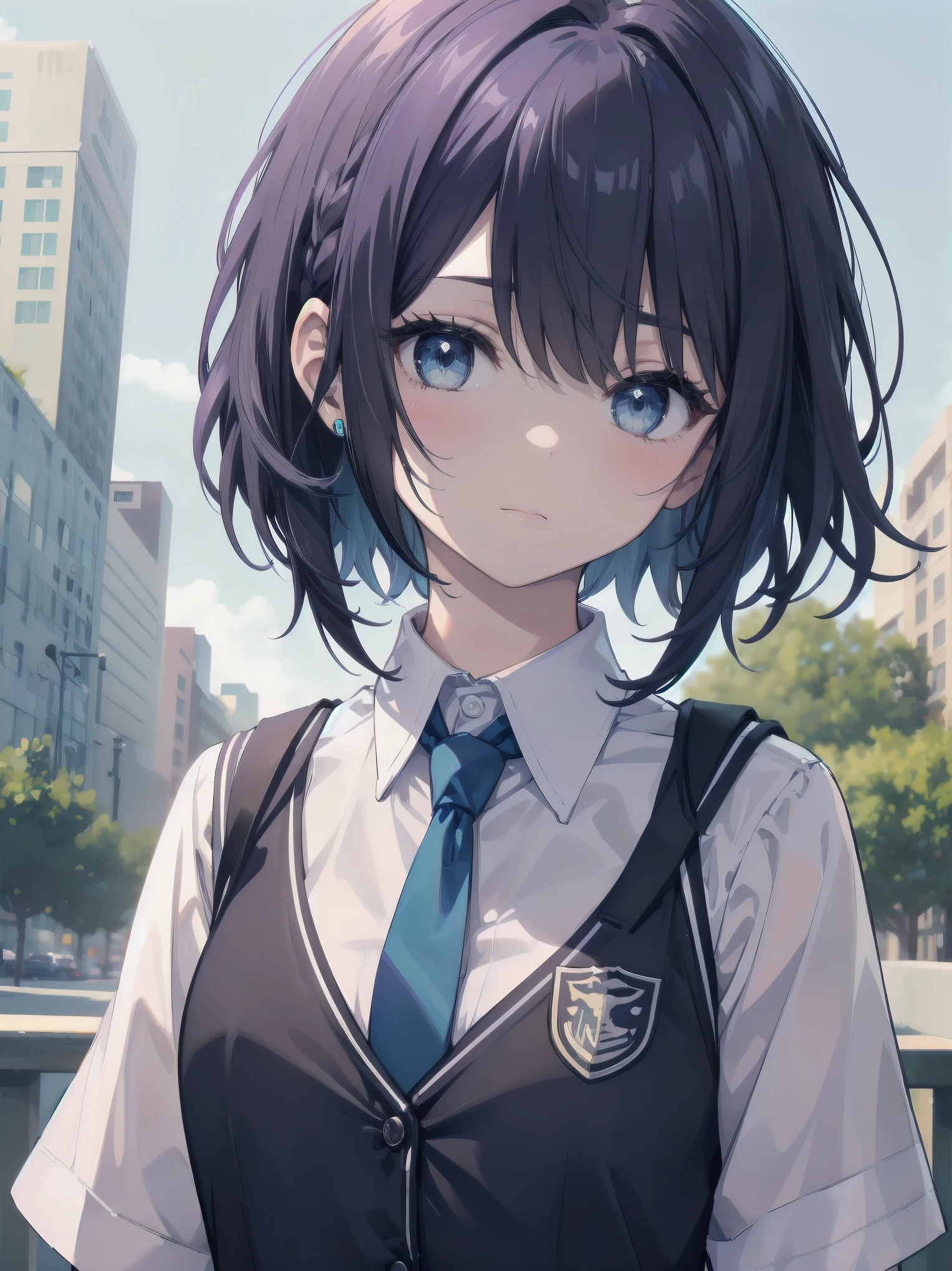 Masterpiece, top quality, super detailed, 16k,
One girl, spring, high school, warm colors, school bag, accurate and highly detailed background, flock of schoolgirls in uniforms of various body shapes and hairstyles, cute.
Blake.

akane kurokawa, 1girl, short hair, blue hair, green eyes, black hair, medium hair, white shirt, collared shirt, , vest, white shirt, sweater vest, black vest, blue necktie, one-length bob, create bangs, add some lightness to the area around the face, and leave the ends of the hair thick throughout. dark blue-purple hair, blue eyes