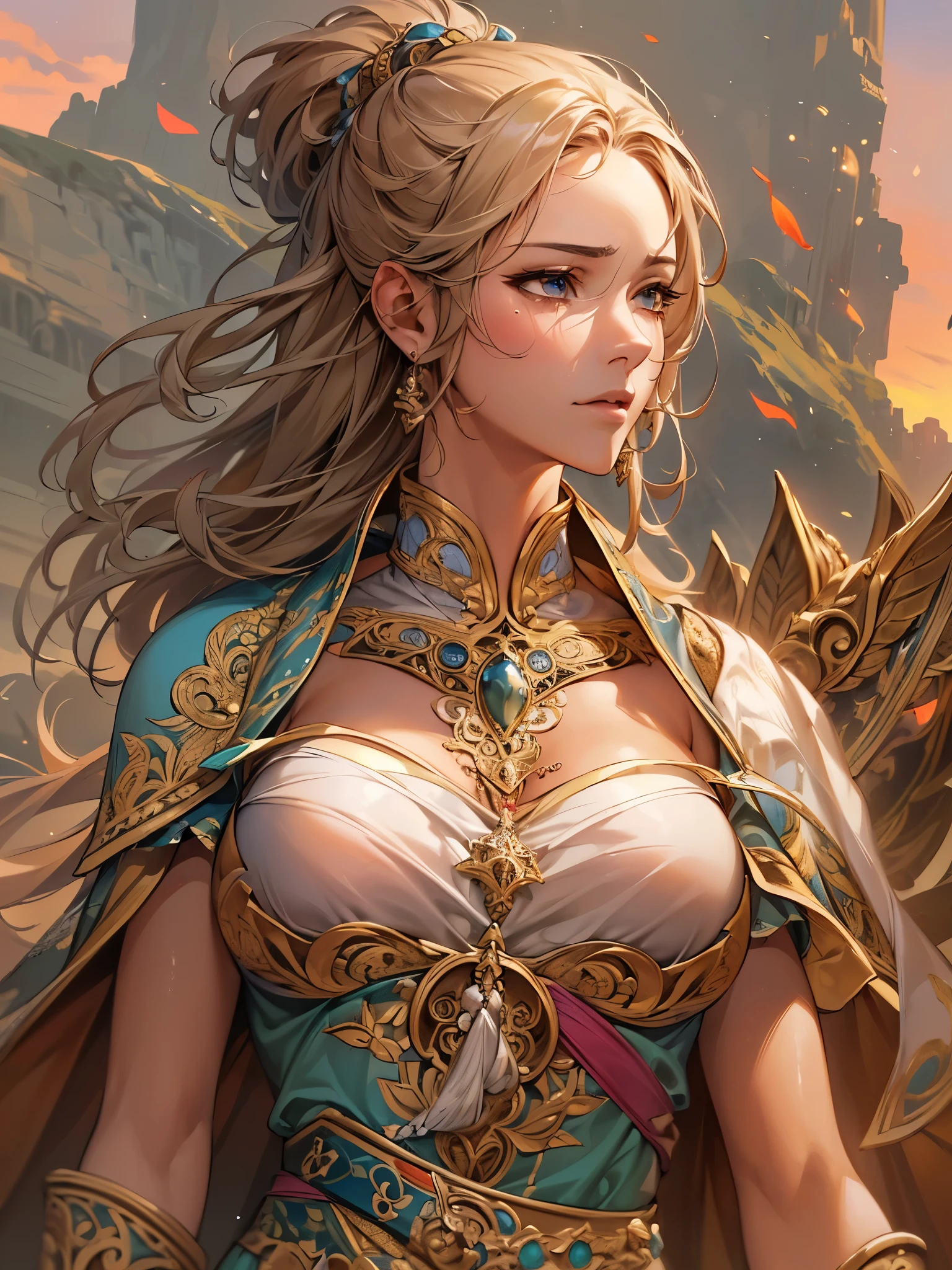 ((highest quality)),(Ultra-high resolution),(Very detailed),(Detailed Description),((The best CG)),(A masterpiece),Ultra-precise art,amazing drawing art,(Fantasy art with intricate detail:1.5), (Female Fighter:1.7),(Beautiful and well-proportioned face:1.5), Sunset sky