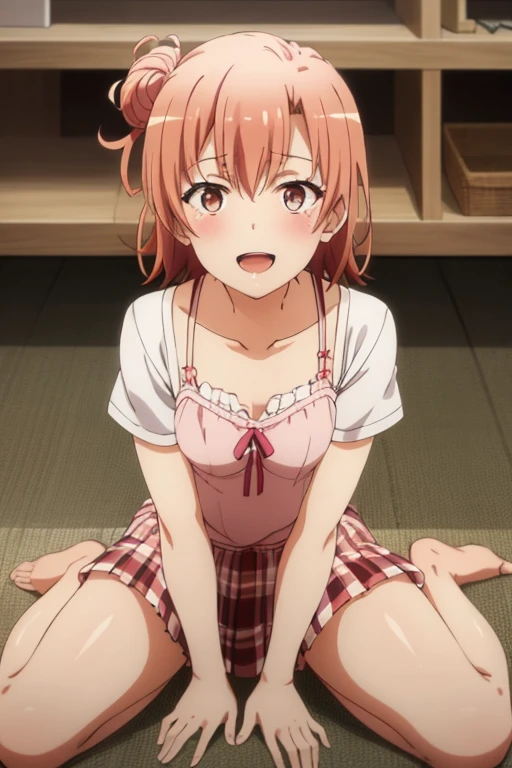 ((highest quality)), ((masterpiece)), (be familiar with), Perfect Face, indoor, Bedroom, Watching the audience,
One woman, Yuigahama Yui,
Open Mouth, Ecstatic expression, blush, smile,
Small breasts, Flat Chest, Young Girl, , , Girl,
Short Hair, Salmon-colored hair, Salmon-colored eyes, Side Pony,
Leg spread,