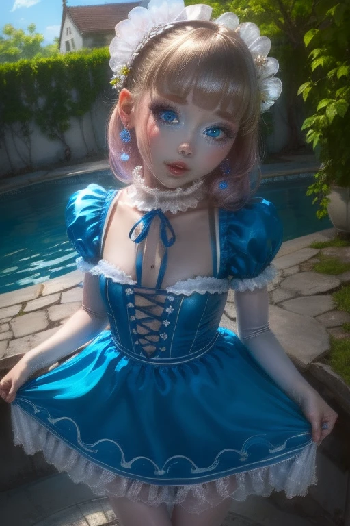 (masterpiece, highest quality,), One Girl, Alone in a blue dress、、blue eyes、Seductive pose、Outdoor