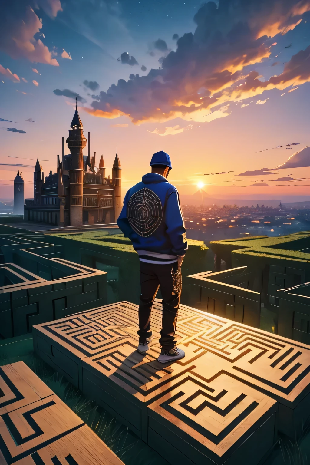 Amazing art of a rapper on top of a maze, he is creating the big text "Labirinto Interno" with magic, magic text, at dawn, at sunrise.