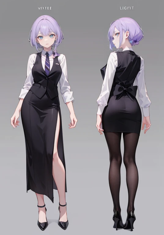 ((Perfect Face)),Purple Hair,Shortcuts,1 female,bartender,,Black vest,tie,High heels,,((Simple light color background)),((smile)),((Full Body)),((full body)),Portraiture,virtual,upright,