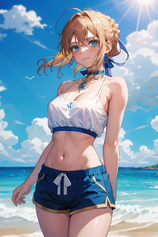 A masterpiece of the highest quality unfolded before me, a realistic depiction of a girl embodying the beauty and grace of Artoria Pendragon from Fate. The sun-kissed scene played out on the sandy beach, with the girl wearing short shorts that accentuated her toned legs and a white shirt that revealed a hint of her cleavage. The cropped top she wore showcased her midriff, adding to the allure of her figure. The girl gazed out at the vast blue sea, her short brown hair slicked back by the gentle ocean breeze. The sky above was filled with a variety of clouds, adding to the picturesque setting. The best shade and