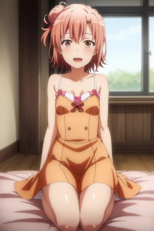 ((highest quality)), ((masterpiece)), (be familiar with), Perfect Face, indoor, Bedroom, Watching the audience,
One woman, Yuigahama Yui,
Open Mouth, Ecstatic expression, blush, smile,
Small breasts, Flat Chest, Young Girl, , , Girl,
Short Hair, Salmon-colored hair, Salmon-colored eyes, Side Pony,
Leg spread,