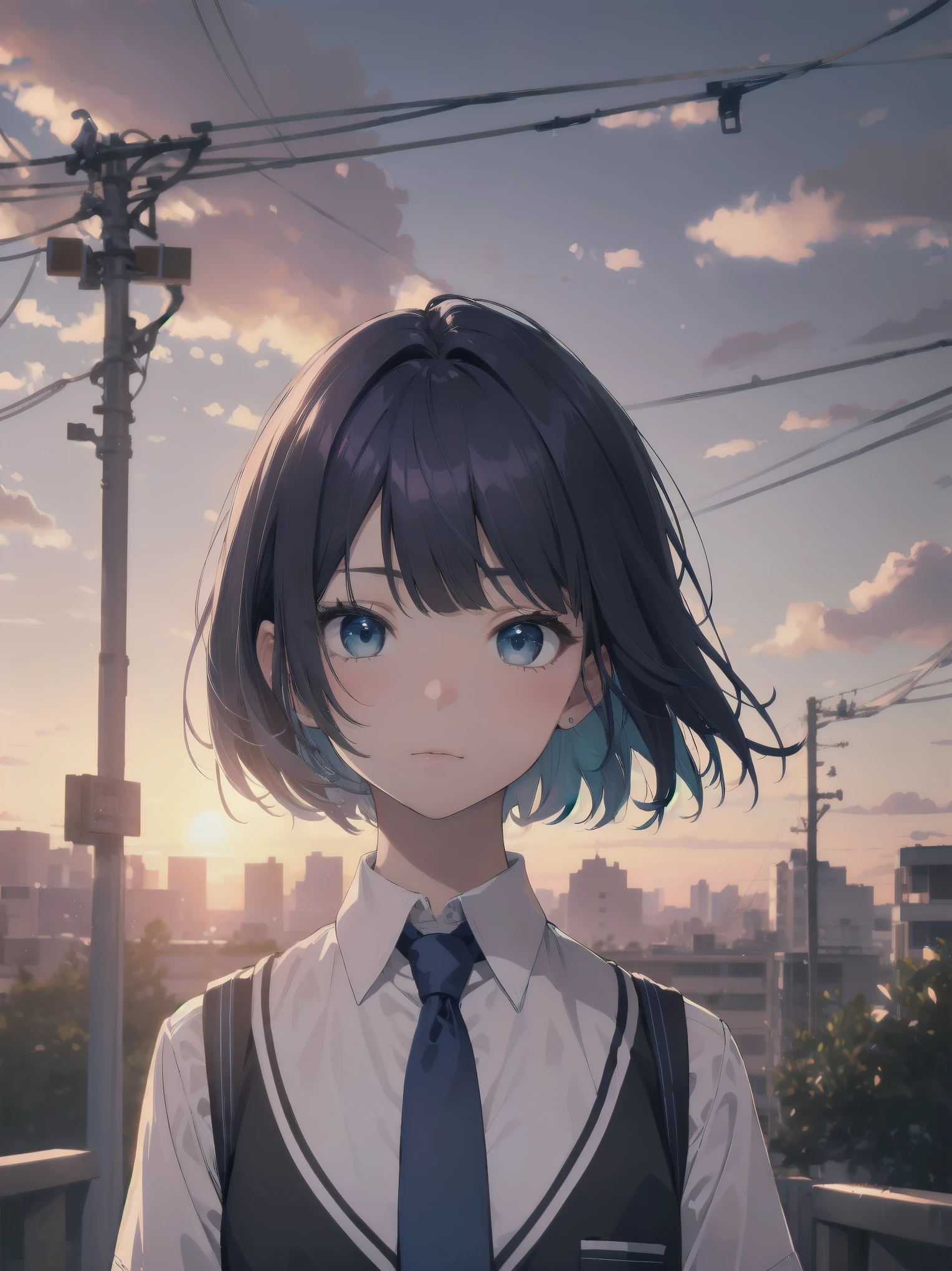 Masterpiece, top quality, super detailed, 16k,
One girl, spring, high school, warm colors, school bag, accurate and highly detailed background, flock of schoolgirls in uniforms of various body shapes and hairstyles, cute.
Blake.

akane kurokawa, 1girl, short hair, blue hair, green eyes, black hair, medium hair, white shirt, collared shirt, , vest, white shirt, sweater vest, black vest, blue necktie, one-length bob, create bangs, add some lightness to the area around the face, and leave the ends of the hair thick throughout. dark blue-purple hair, blue eyes
