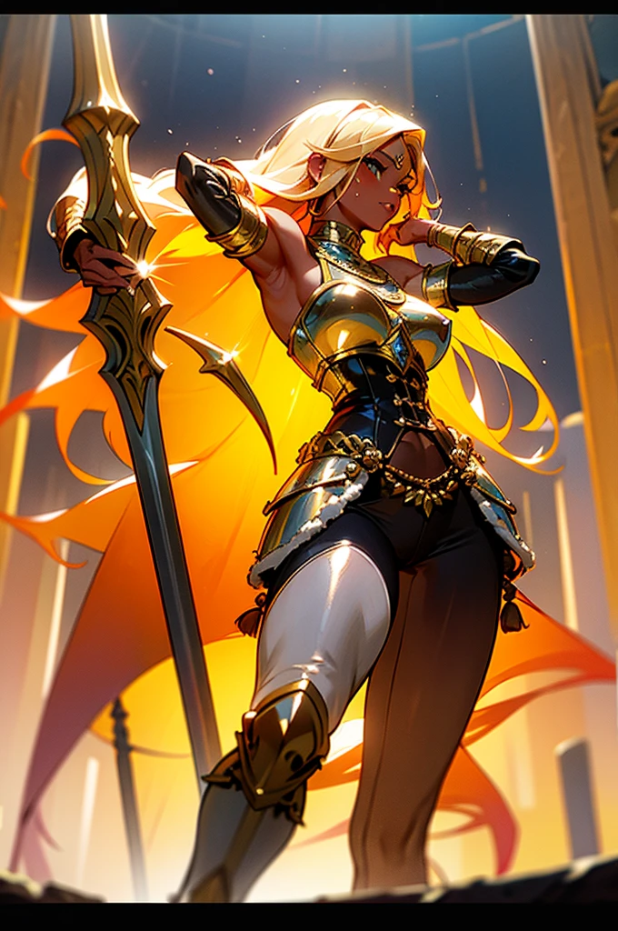 ((full body)) Create a manly man with unique characteristics, inspired by the sign of Leo and the cosmological stars An artistic representation of the essence of this sign, with striking features and a mysterious aura, leave in evidence golden traces of gold and golden lights, yellowish hair like gold and a confident smile Make clear the pride of the sign of Leo in its essence with a long curly and voluminous hair as a representation of the mane, make it in anubis style , it should represent a star guardian , with an suit inspired from the god Anubis in egyptian style .