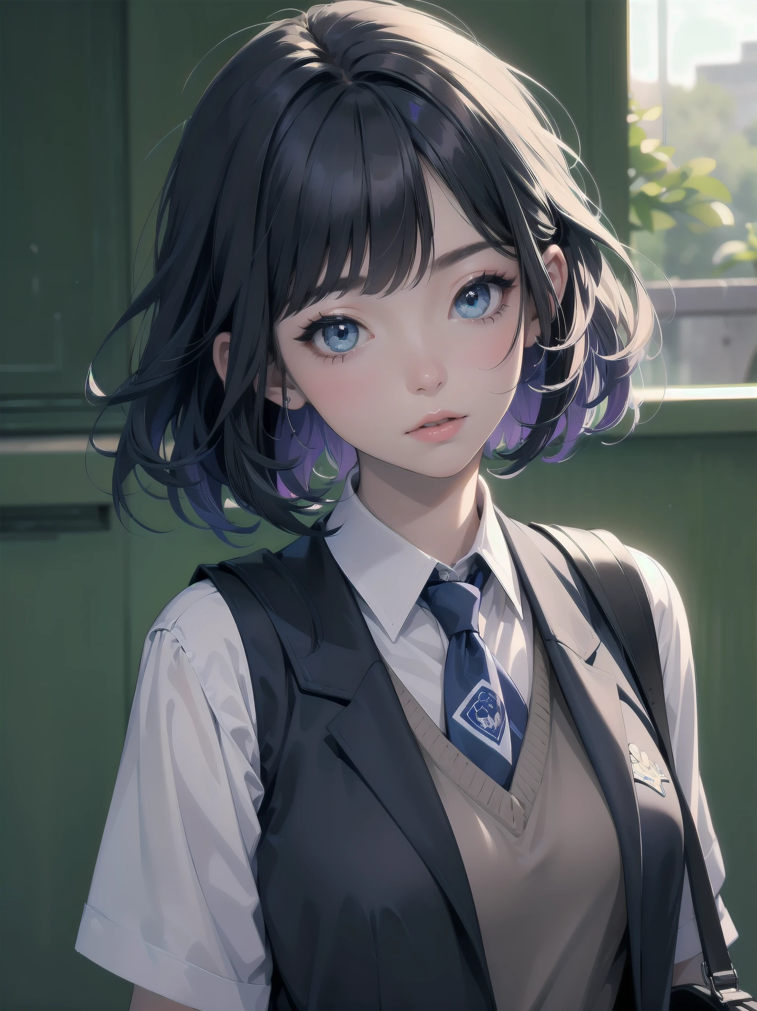 Masterpiece, top quality, super detailed, 16k,
One girl, spring, high school, warm colors, school bag, accurate and highly detailed background, flock of schoolgirls in uniforms of various body shapes and hairstyles, cute.
Blake.
akane kurokawa, 1girl, short hair, blue hair, green eyes, black hair, medium hair, white shirt, collared shirt, , vest, white shirt, sweater vest, black vest, blue necktie, one-length bob, create bangs, add some lightness to the area around the face, and leave the ends of the hair thick throughout. dark blue-purple hair, blue eyes