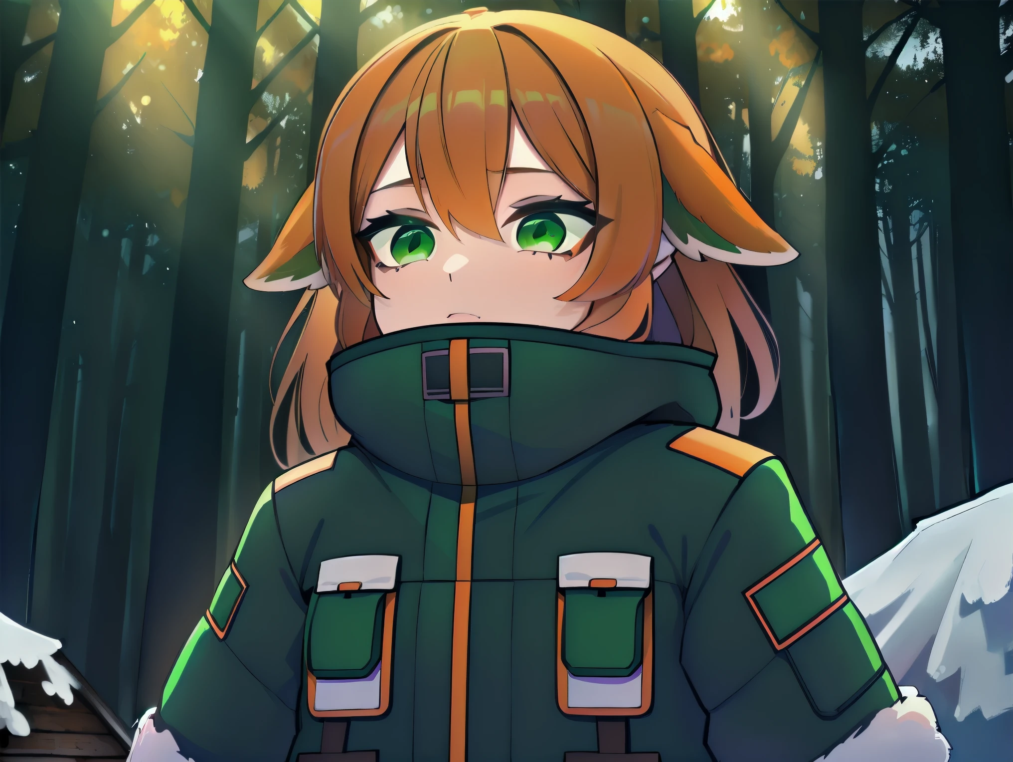 ((A girl from the dog-eared race)), her profession is a polar explorer. She is passionate about challenging various difficult environments, so she walks well-prepared, full of equipment, and wearing a large jacket adapted for the cold. She has beautiful, ((long orange hair and gorgeous emerald green eyes)). (((She is in a forest full of cabins)))