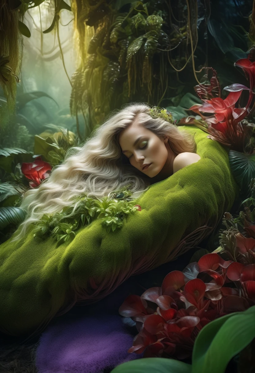 (best quality,4k,8k,highres,masterpiece:1.2),ultra-detailed,(realistic,photorealistic,photo-realistic:1.37),wide angle shot,dynamic angle, full body shot, The plant woman, she has very long and wavy platinum hair,(she is wearing a biological exoskeleton covering up her entire body),((She is resting lying down, incubated inside a suspended exquisite cocoon:1.5)), in her vegetal kingdom, carnivorous plants, vibrant green leaves and tendrils, alien biome, lush vegetation and exotic flowers, poison jungle, toxic and vibrant colors, mysterious atmosphere, soft and ethereal lighting, botanical fantasy, intricate details on the plant bulbs, lush and intricate flora, magical and dreamlike ambience, mysterious environment, painterly style, dreamy color palette with a mix of vibrant reds and deep purples, enigmatic composition, surreal and otherworldly experience