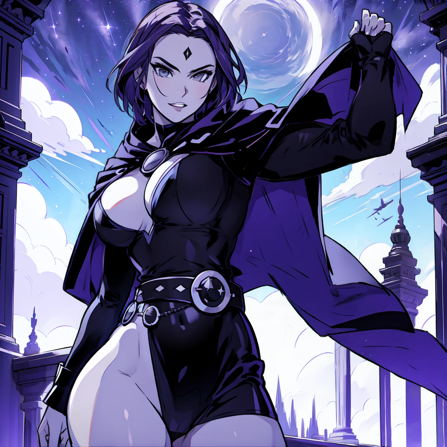 Raven, black leotard, black cape, hood, purple hair, forehead jewel, purple eyes, short hair, belt, skin tight, standing, cleavage, toned, breasts, pose, night, moonlight, ((posing)), motion lines, torso, upper body, portrait, b&w. outline, (solo):2.