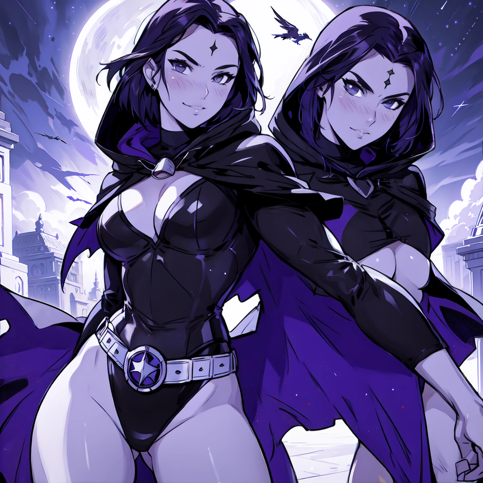 Raven, black leotard, black cape, hood, purple hair, forehead jewel, purple eyes, short hair, belt, skin tight, standing, cleavage, toned, breasts, pose, night, moonlight, ((posing)), motion lines, torso, upper body, portrait, b&w. outline, (solo):2.