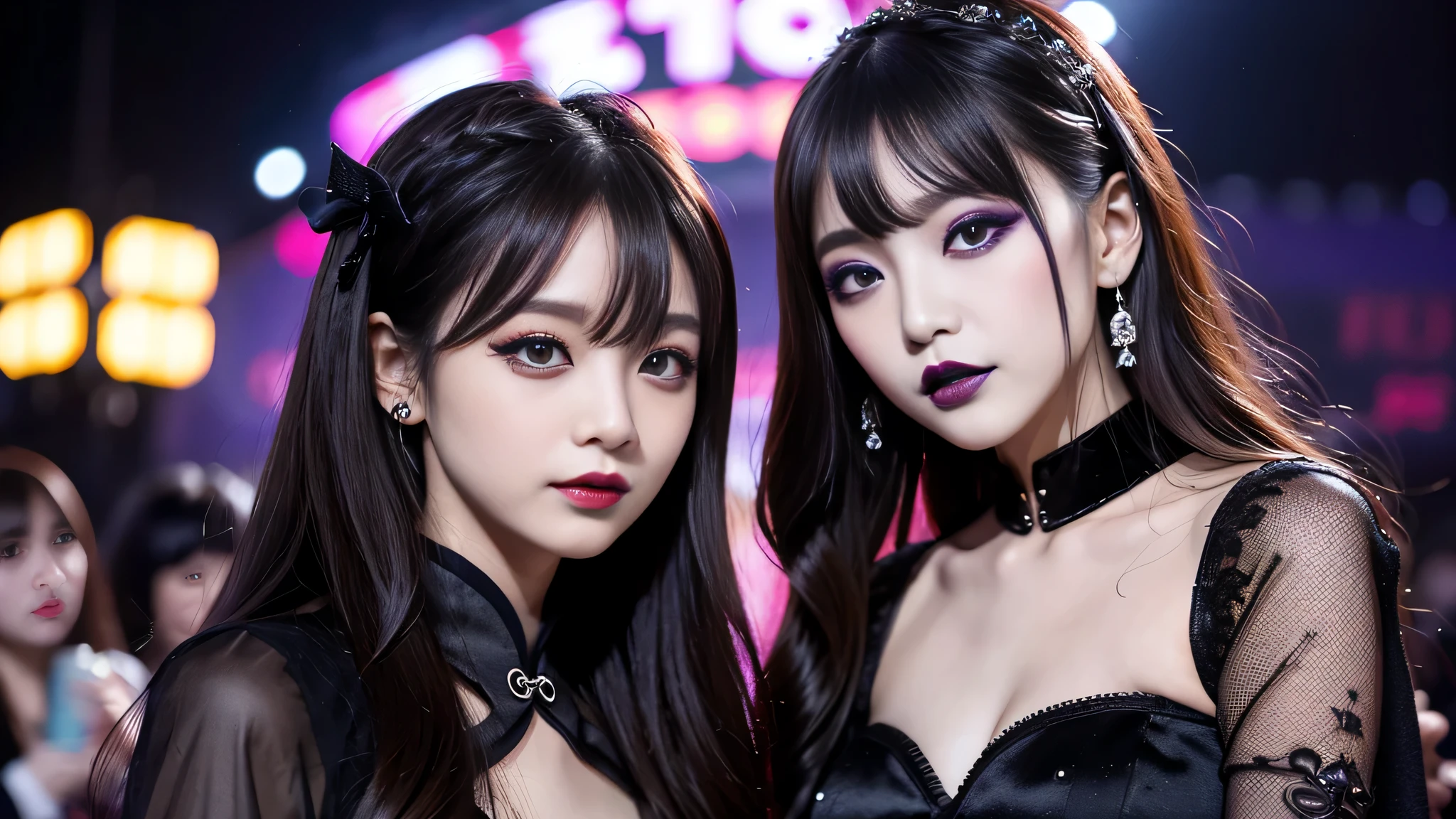 2girls、best quality、ultra-detailed、4k、Japanese、Seductive beauty、seductive adult woman、Pretty Woman、cool girl、Villainess、Brainwashed、brainwash、Fallen into evil、smirk、Evil look、Wicked Smile、evil、Brown hair、wavy hair、swept bangs、dark makeup、dark makeup、piercing eyes、hollow eyes,half-closed eyes、Hollow Eyes、Purple Eyeshadow、black lipstick、black lipglos、Long Black Cheongsam、Wide sleeves、night、inside Live stage、Applying lipstick、